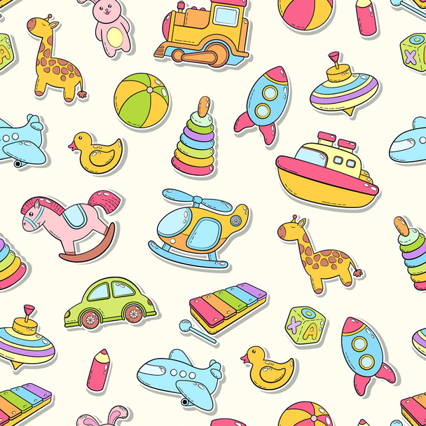 Seamless background, texture, backdrop, pattern, wallpaper with children cartoon doodle toys. Educational games for kids, vector illustration. Baby shower. Icons collection set - Вектор, зображення