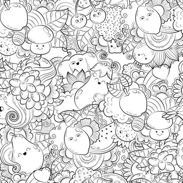 Vector hand drawn funny, happy vegetables, fruits and berries illustration for adult coloring book. Freehand sketch for adult anti stress coloring book page with doodle and zentangle elements. - Διάνυσμα, εικόνα