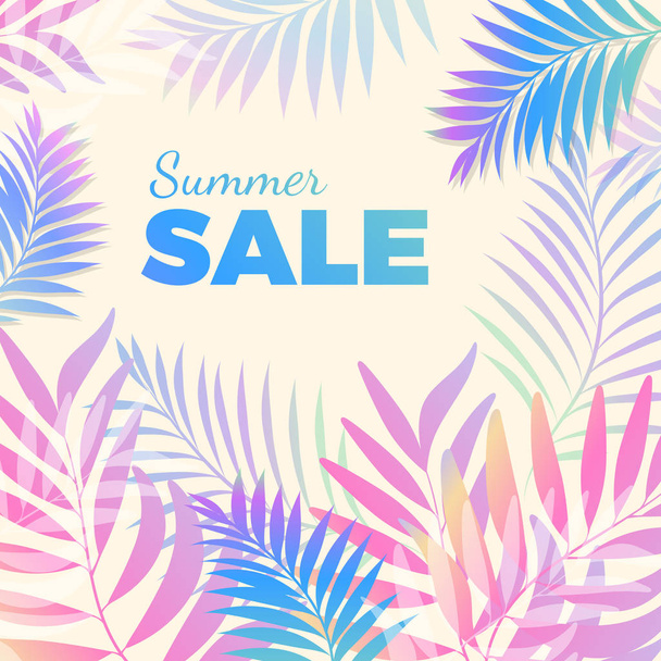 Summer sale bright poster with palm leaves on background - Wektor, obraz