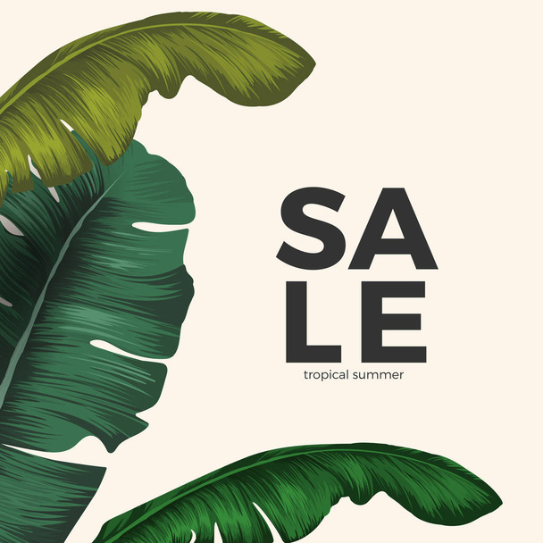 Sale tropical summer poster with jungle leaves isolated on white - Vektör, Görsel