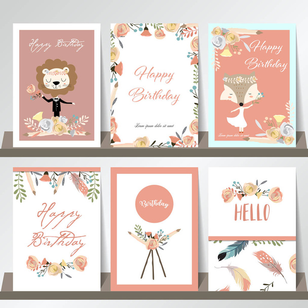 cute cards for banners,Flyers,Placards with feather,flower,lion  - Διάνυσμα, εικόνα