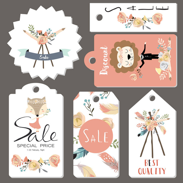 Light pink tag sale on summer with fox,feather,lion,flower and w - Vecteur, image