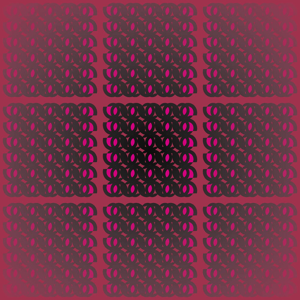 Patrón de cuadrados regulares con elementos ovalados magenta violeta gris negro sobre rojo oscuro centrado y borroso
 - Foto, Imagen