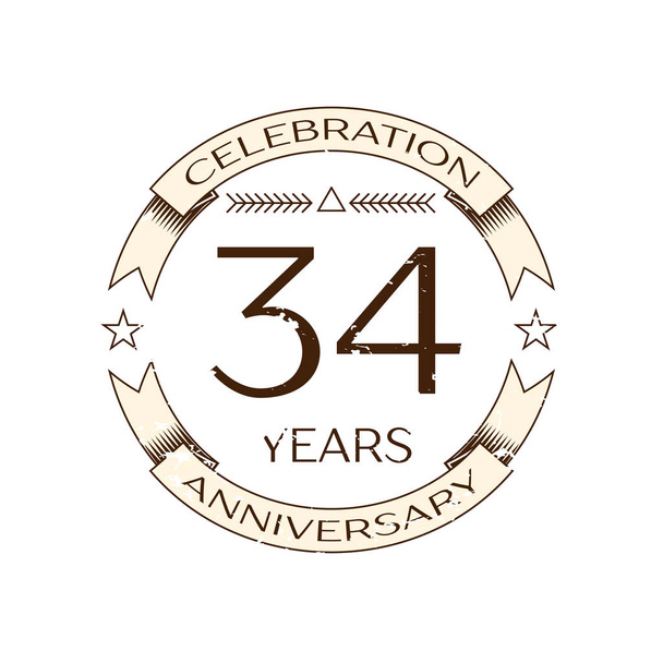 Realistic thirty four years anniversary celebration logo with ring and ribbon on white background. Vector template for your design - Vector, Image