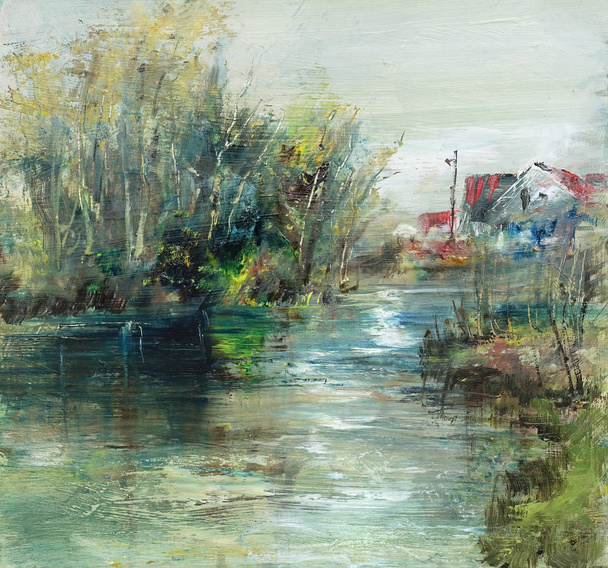 Village at the pond, illustration - Photo, Image