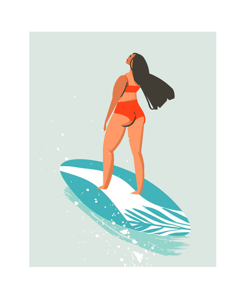 Vettore disegnato a mano astratto carino estate tempo spiaggia surfista ragazza illustrazione con costumi da bagno rossi e tavola da surf isolato su sfondo blu
 - Vettoriali, immagini