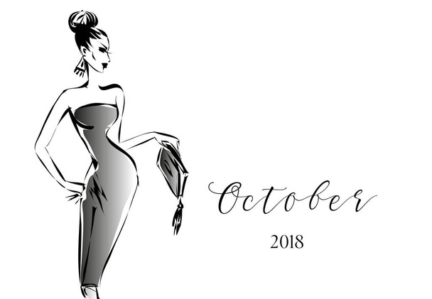 Calendário de moda preto e branco com mulher modelo silhueta logotipo. Ilustração vetorial desenhada à mão
 - Vetor, Imagem