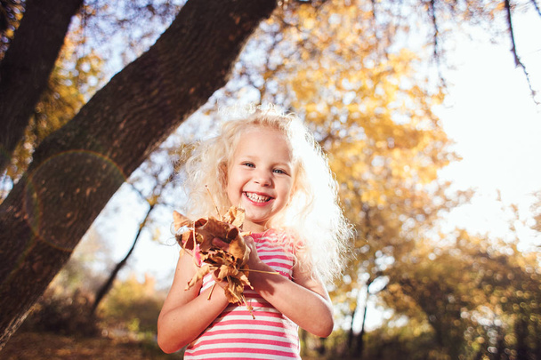 Mała dziewczynka, która uśmiecha się na tle żółtych liści - Zdjęcie, obraz