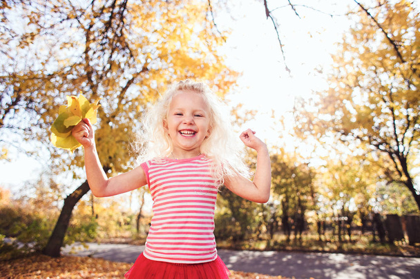 A little girl who smiles on a background of yellow leaves - Fotoğraf, Görsel