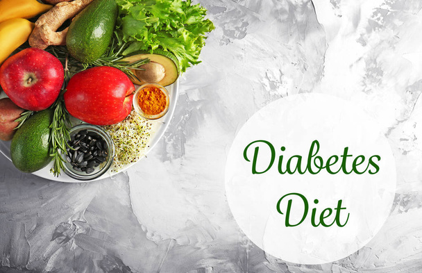 Text DIABETES DIET and healthy food on textured background. Health care concept - Foto, immagini