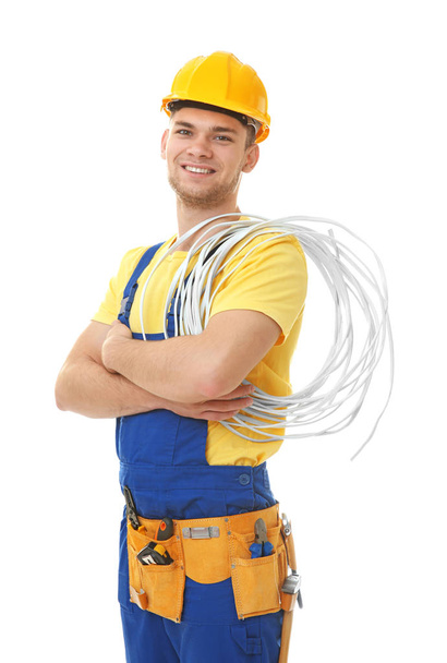 young electrician with bunch of wires  - Foto, Bild