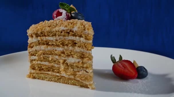 Layered cake with strawberries. Rainbow cake close up, layered cake. Strawberry short cake. - Footage, Video