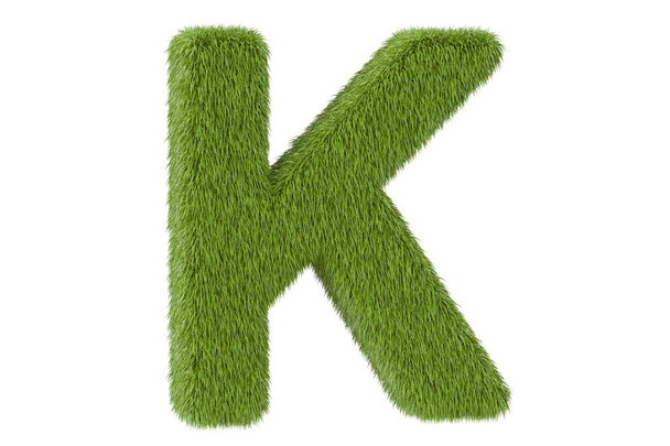 Green letter K from grass closeup, 3D rendering - Photo, Image