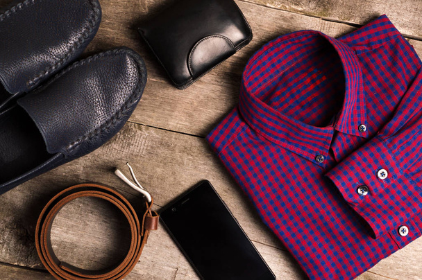Casual mens fashion and outfits on the wooden table, flat lay, top view - 写真・画像