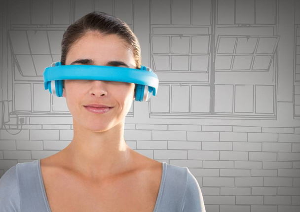 Woman in blue virtual reality headset  - Фото, изображение