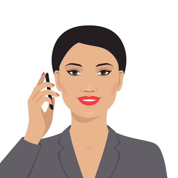 Portrait de belle femme asiatique souriante parlant sur le téléphone mobile. Illustration vectorielle. Technologie et communication. Conception plate
. - Vecteur, image