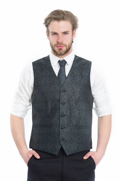 bearded man or serious gentleman in waistcoat and tie - Foto, afbeelding