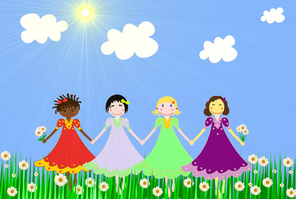 dziewczyny z różnych ras na zielonej łące - Zdjęcie, obraz