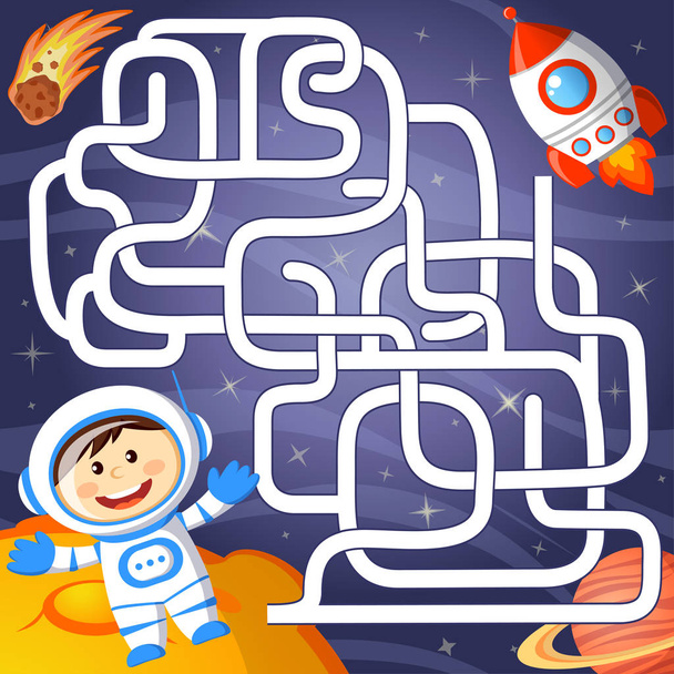 Help cosmonaut find path to rocket. Labyrinth. Maze game for kids - Vector, Imagen