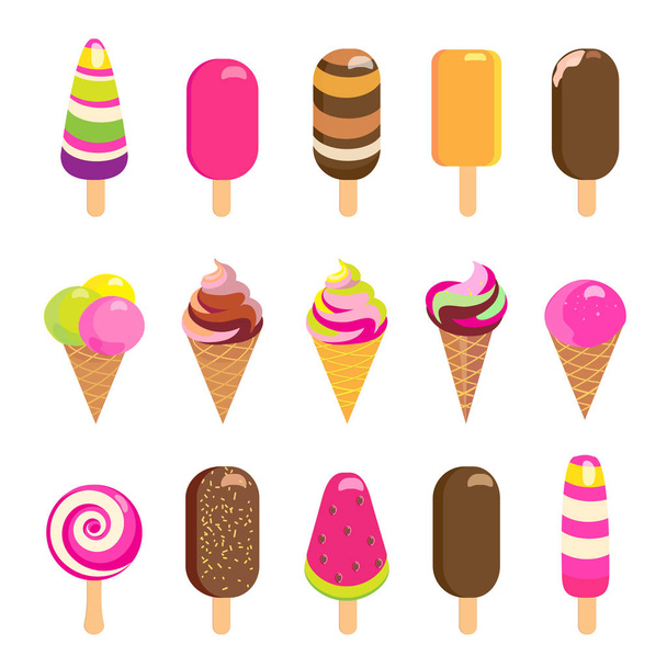 Sada barevných chutné zmrzliny. Sada barevných chutné izolované zmrzliny. Vektorové ikony nanuky a zmrzlinu s různými polevou. Sladký dezert prvky menu. Ice cream pozadí - Vektor, obrázek