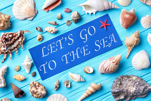 Sea shells decoration, blue background. - Фото, изображение