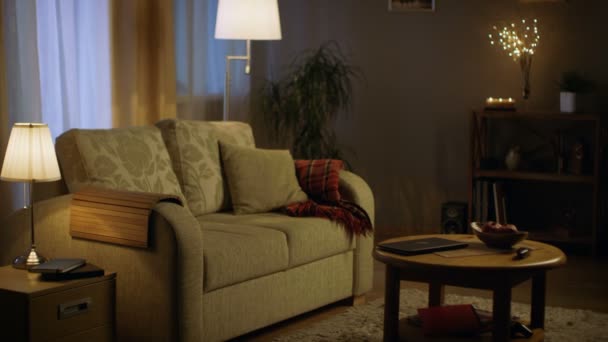 Lang Shot van een woonkamer in de avond. Lampjes, de kleuren zijn zacht en gezellig. - Video