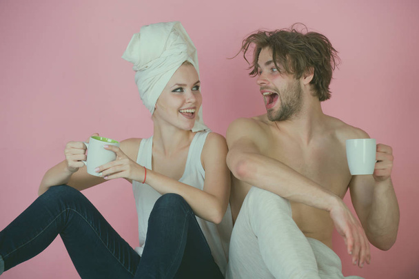 man and woman sitting with tea cup, couple in love - Foto, Imagem