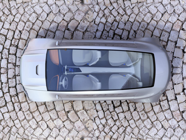 Вид зверху на автономний автомобіль на землю з бруківки
 - Фото, зображення