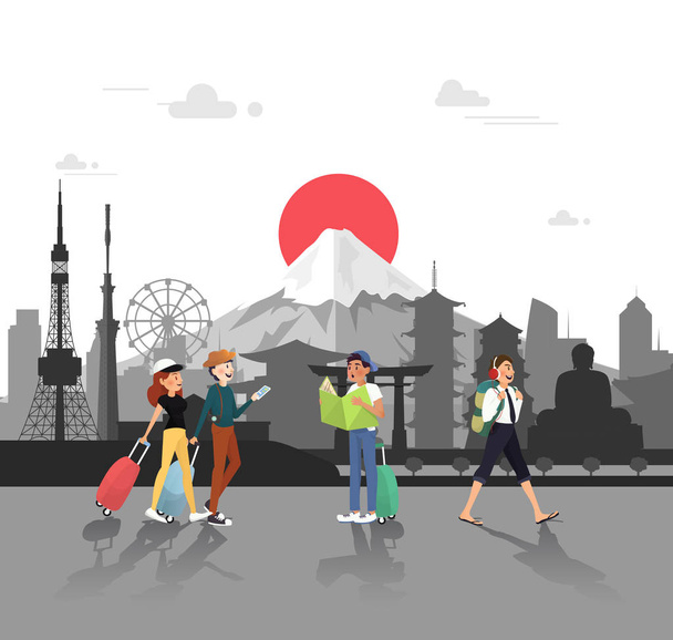 Let 's travel in Japan for seeing landmarks illustration design
 - Вектор,изображение