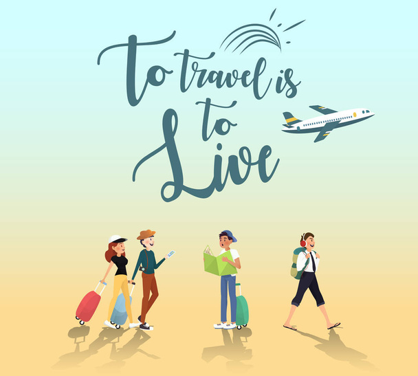 平面イラスト デザインによる旅行者のための冒険の旅  - ベクター画像