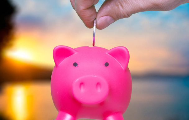Empresário segurando moeda e rosa porquinho banco no fundo branco
 - Foto, Imagem