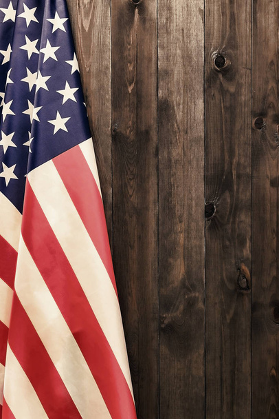 4th of July, the US Independence Day, place to advertise, wood background, American flag - 写真・画像