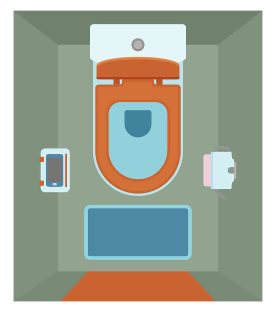 Інтер'єр керамічного туалету зі скляною полицею для телефону в плоскому стилі. Вид зверху
 - Вектор, зображення