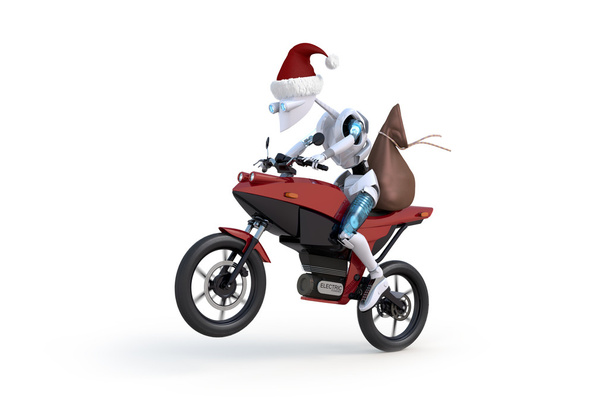 Robô com Santa Hat equitação motocicleta
 - Foto, Imagem