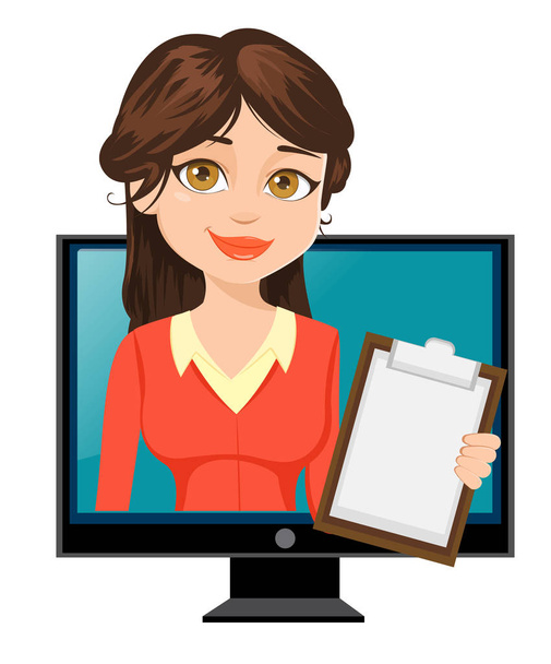 Cartoon zakenvrouw blijkt uit TV Cute karakter. Vectorillustratie geïsoleerd op witte achtergrond - Vector, afbeelding