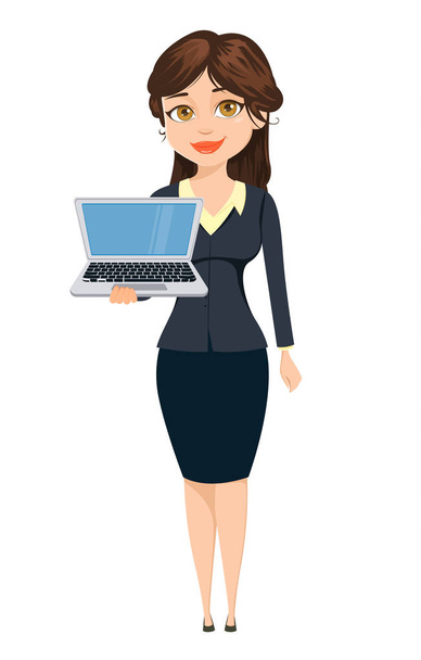 Бізнес-леді стоїть з ноутбуком. Милий персонаж мультфільму. Векторні ілюстрації ізольовані на білому тлі
 - Вектор, зображення