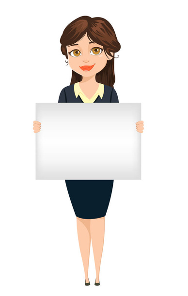 Businesswoman holding blank banner for advertisement. Cute cartoon character. Vector illustration isolated on white background - Vector, Image