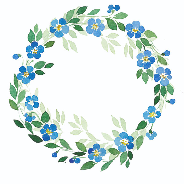 Watercolor drawing of a wreath of blue  flowers - Foto, afbeelding
