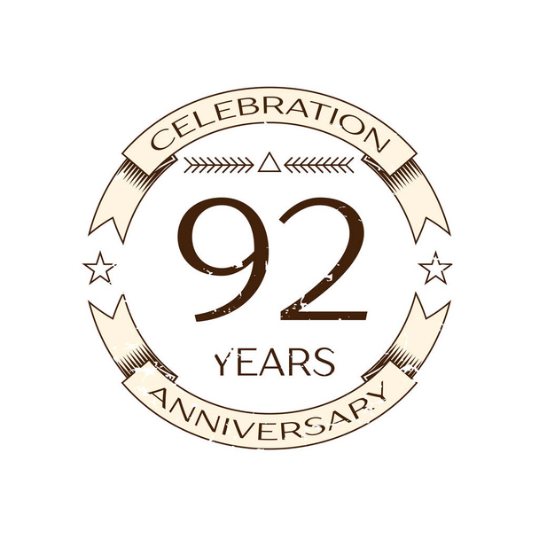 Realistic ninety two years anniversary celebration logo with ring and ribbon on white background. Vector template for your design - Vector, Image