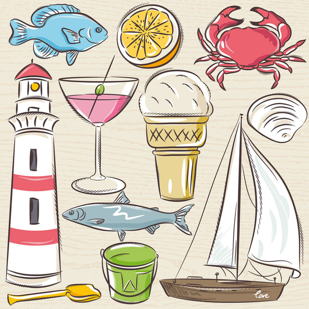 Set of  summer symbols, shells, crab, boat, cocktail, lighthouse - Вектор, зображення