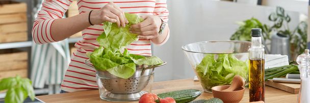 Woman putting lettuce into bowl - Photo, image