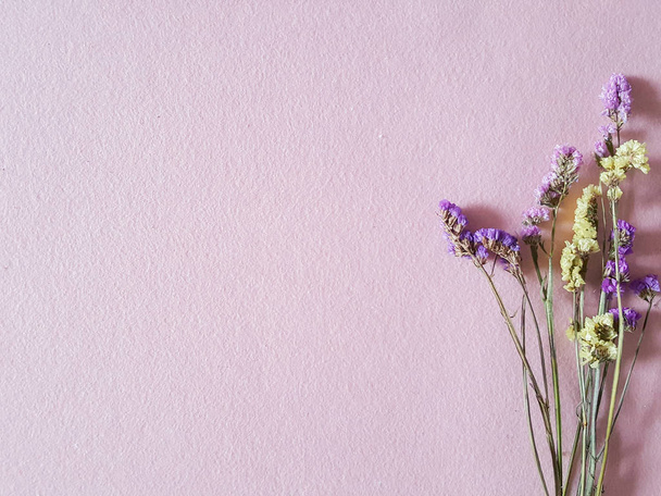Frühlingsblumen. Fliederblüten auf einem rosa Tisch von oben. Draufsicht, flache Lage - Foto, Bild