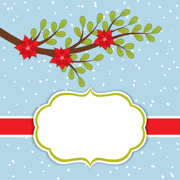 Vector Christmas and New Year Card Template Branch and Poinsettia on Snow Background. Card template for Christmas and New Year. Vector Christmas Poinsettia. - Vector, Image