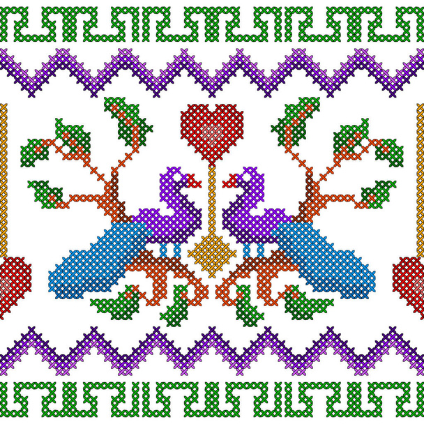 Diseño de pavo real bordado de punto de cruz para una textura de patrón sin costuras
 - Vector, imagen