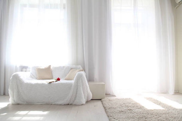 Λευκό σαλόνι καναπές μεγάλα παράθυρα και χρώμα βιβλίο - Φωτογραφία, εικόνα