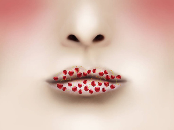 唇とさくらんぼ - 写真・画像