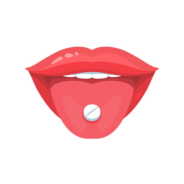 Vector illustration of the medicine, tablet, pill on tongue. Pharmaceutical, medical, health vector icon. Medical concept vector illustration. - Vector, Image