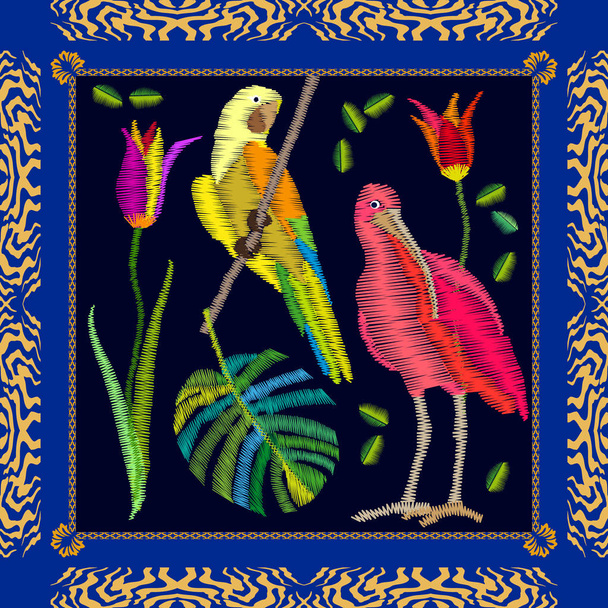 Amazonian tropical birds embroidery. - Διάνυσμα, εικόνα