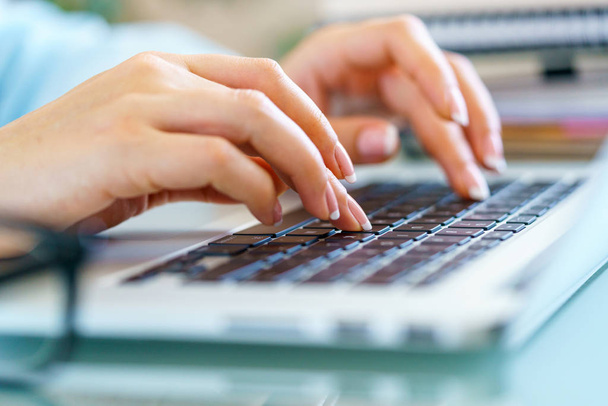Closeup female hands on laptop keyboard - Photo, image