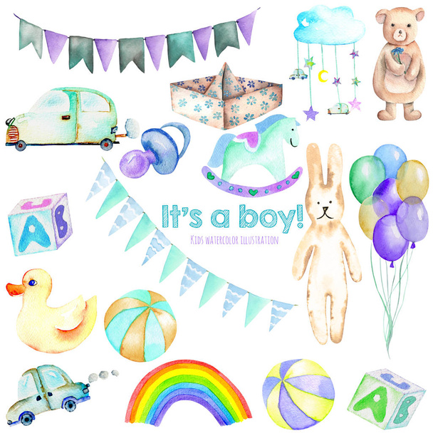 Baby boy shower watercolor elements set (toys, cars, air balloons, rainbow, nipple, flags and other), hand painted isolated on a white background - Photo, Image